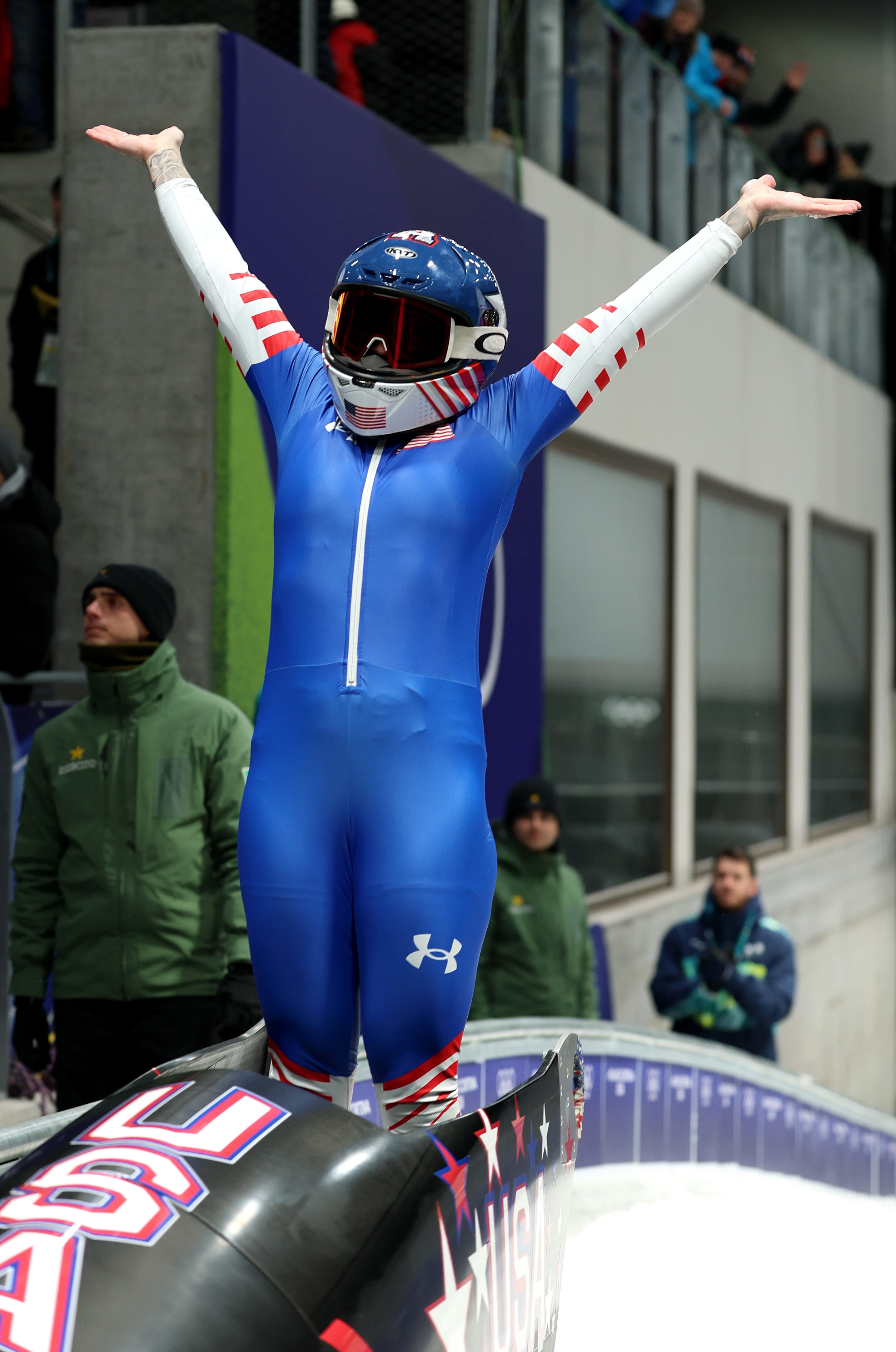 Elana Meyers Taylor celebrates after winning gold in the women's monobob at the Milano Cortina 2026 Winter Olympics | Source: Getty Images