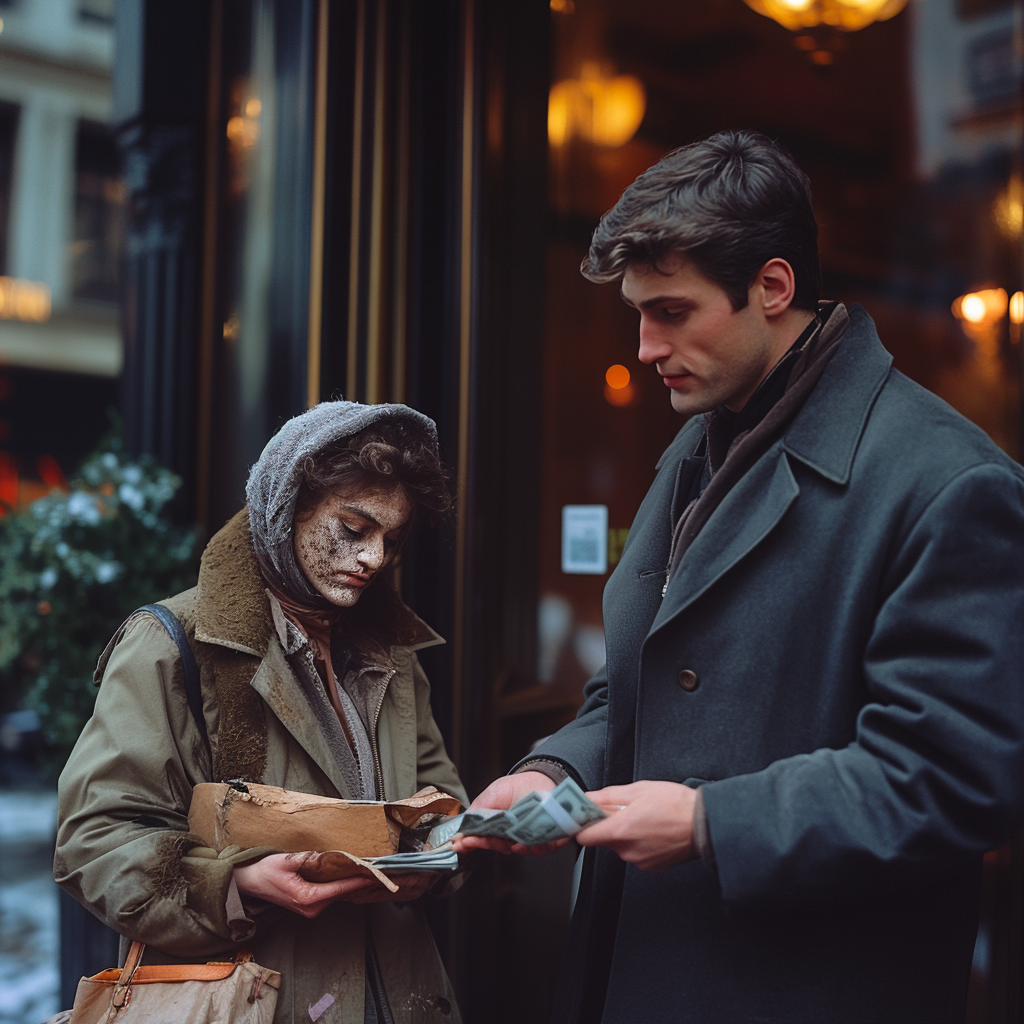 A man giving money to a homeless woman | Source: Midjourney