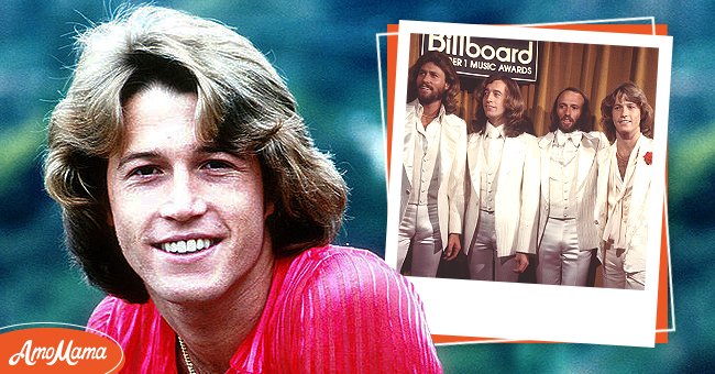 Portrait photo of Andy Gibb [left]. Members of the "Bee Gees," Barry Gibb, Robin Gibb, Maurice Gibb and Andy Gibb at Billboard Music Awards, circa 1977 [right]. | Photo: Getty Images