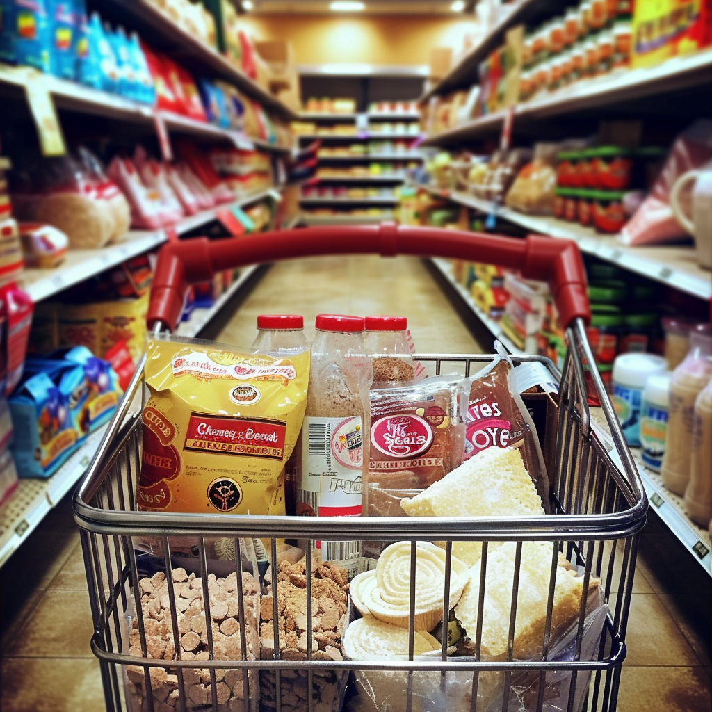 A shopping cart in a grocery store aisle | Source: Midjourney