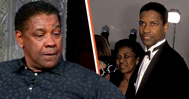 Denzel Washington on "The Late Show With Stephen Colbert" in 2021 [Left] Washington and his mother, Lennis Washington, at the 1990 Academy Awards [Right] | Photo: YouTube/The Late Show With Stephen Colbert & Getty Images 
