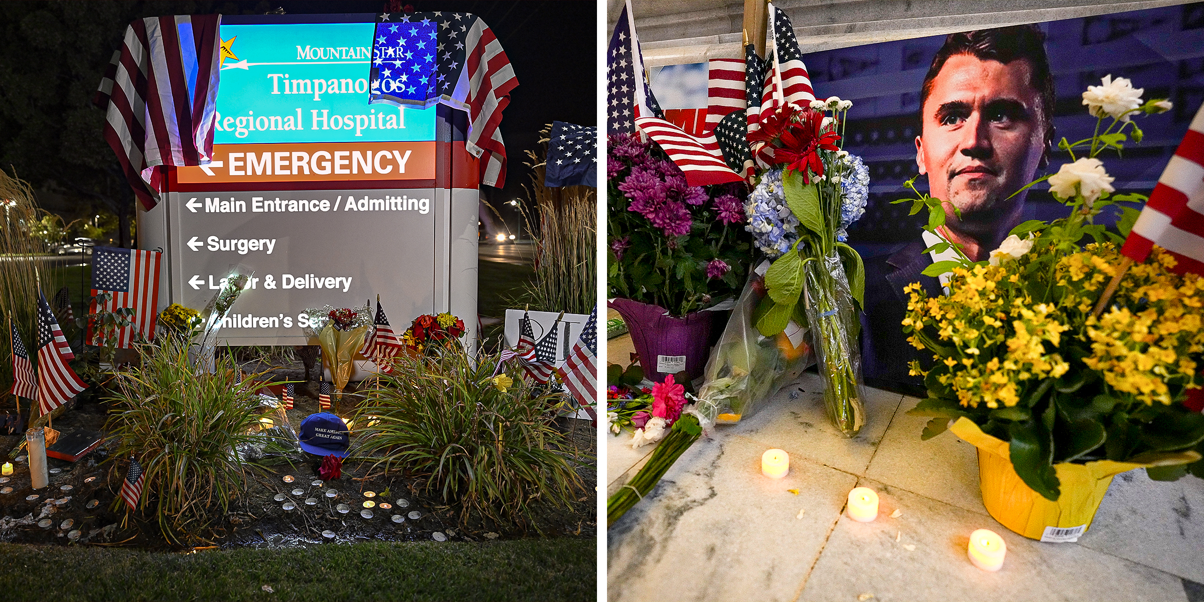 Tribute site for Charlie Kirk Outside Utah Hospital | Flowers, Flags, and Candles Honor Charlie Kirk at Utah Capitol Memorial | Source: Getty Images