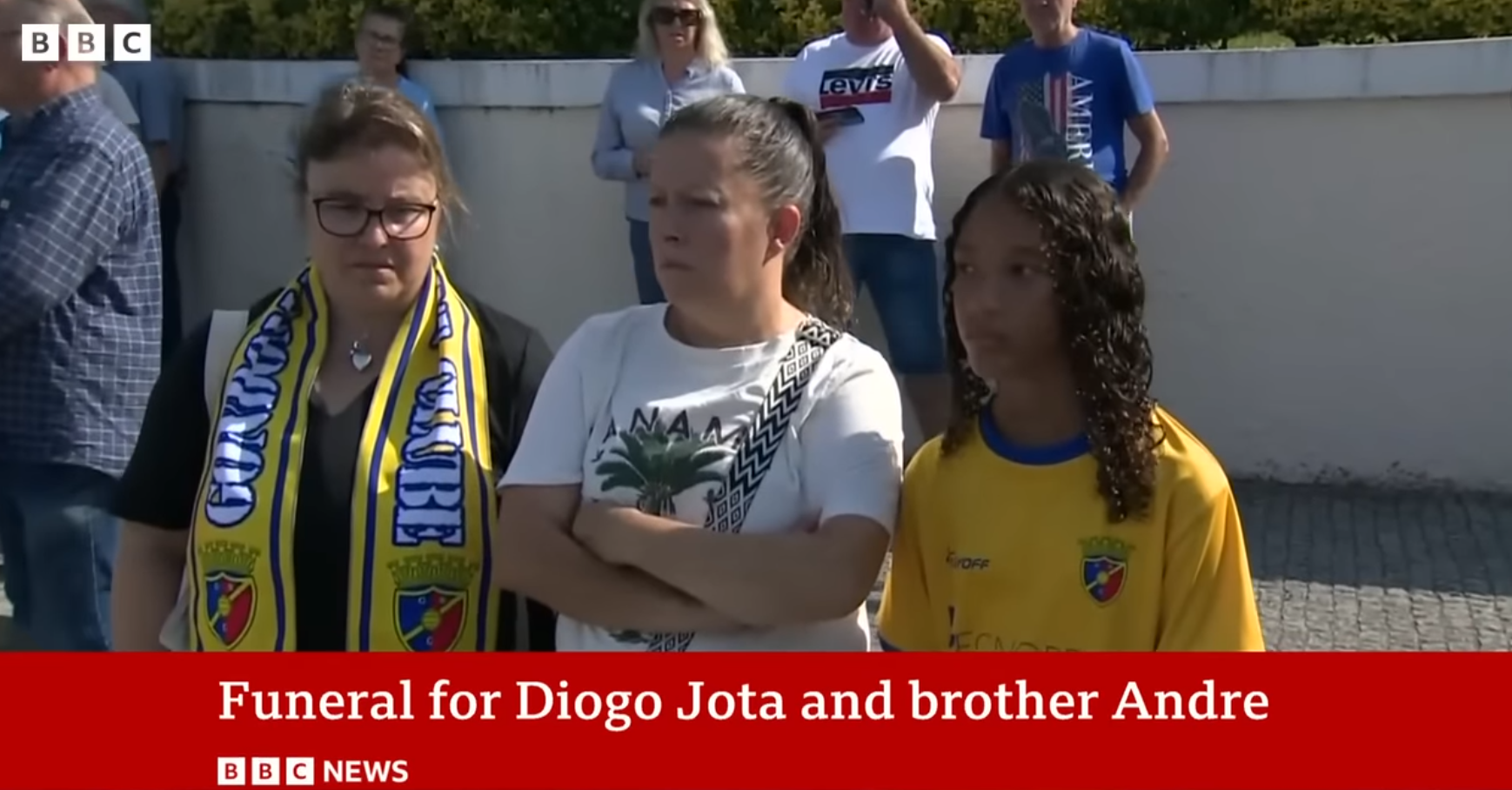 Those gathered outside the church during the funeral for Diogo Jota and his brother André Silva | Source: YouTube/bbcnews
