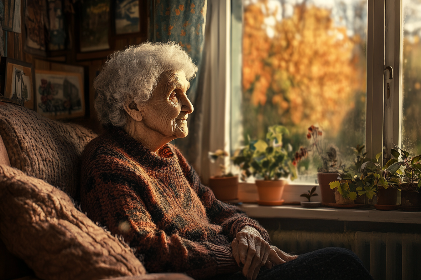 Old woman on her couch thinking | Source: Midjourney