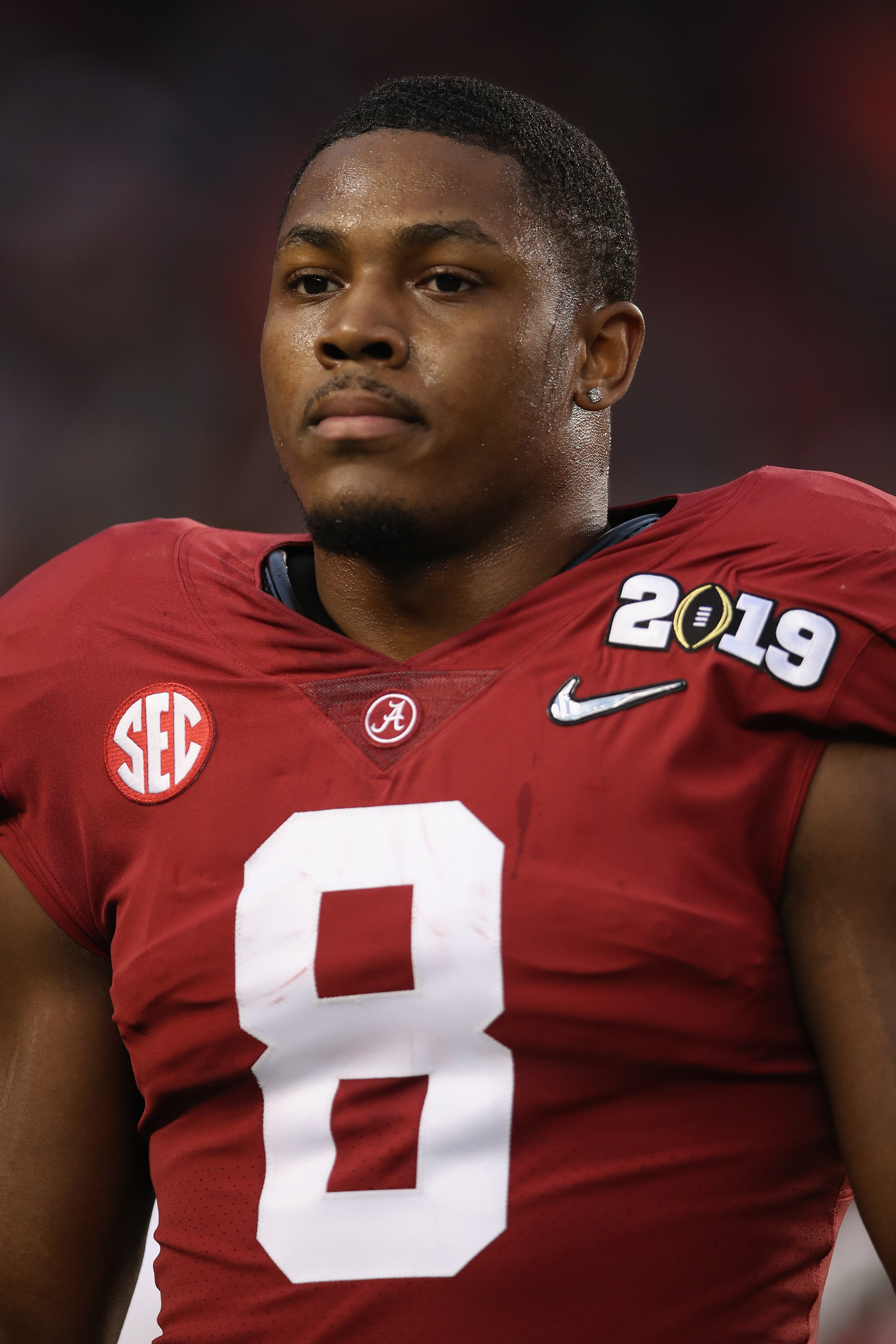 Josh Jacobs, #8 of the Alabama Crimson Tide, looks on prior to the CFP National Championship against the Clemson Tigers presented by AT&T at Levi's Stadium on January 7, 2019, in Santa Clara, California. | Source: Getty Images