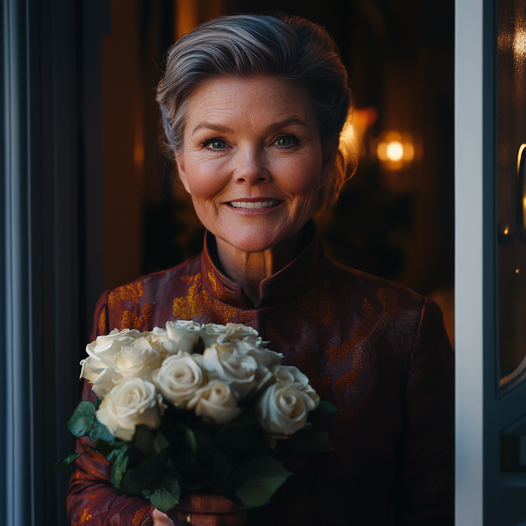 A smiling older lady holding a bouquet of white roses | Source: Midjourney