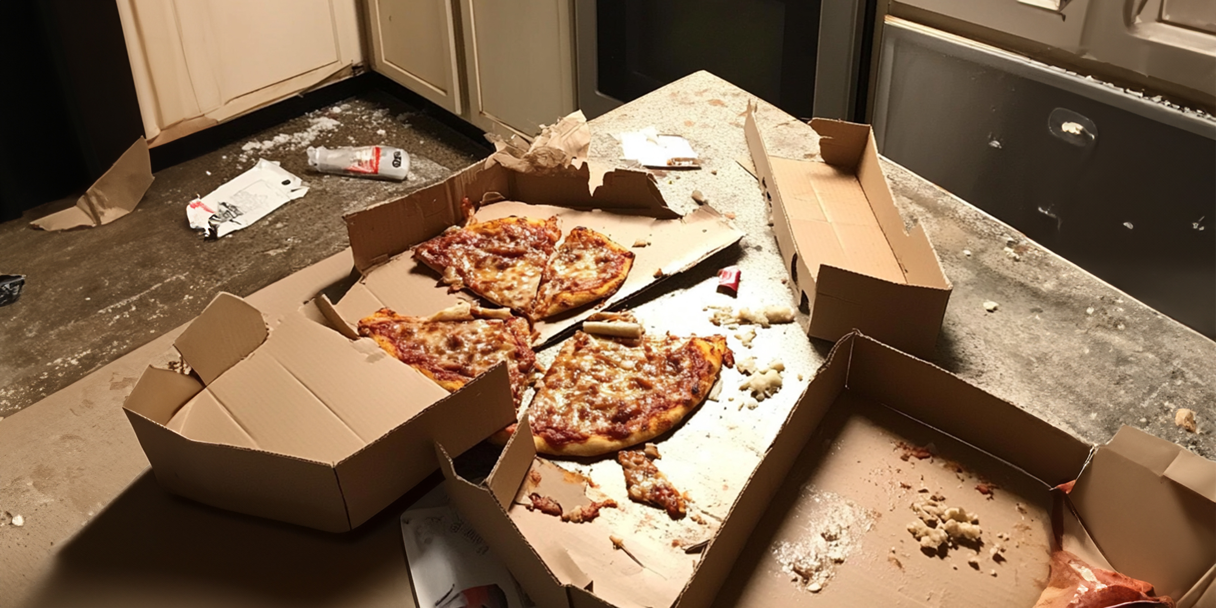 A dirty kitchen with pizza slices tossed out from the box | Source: Amomama