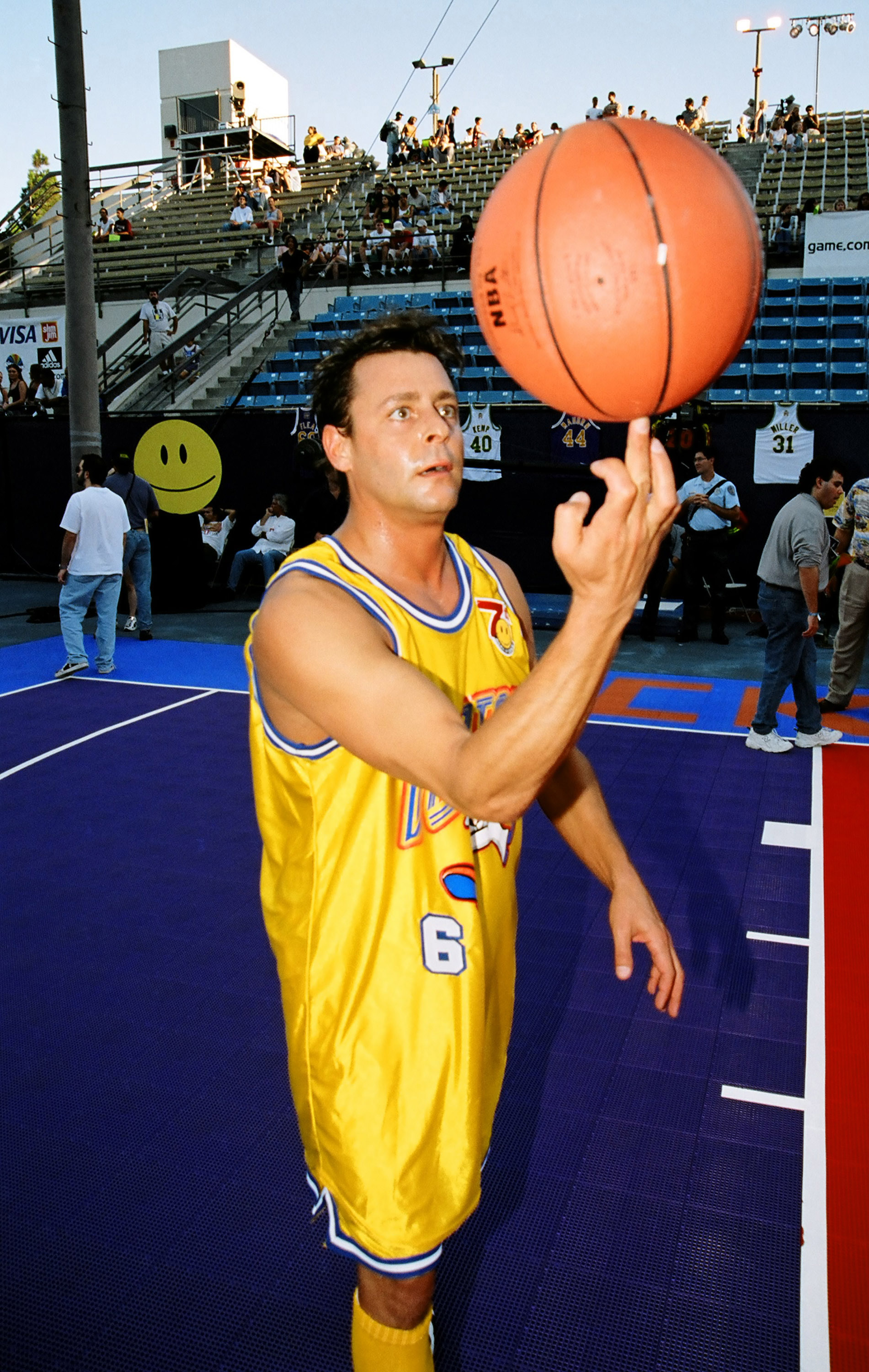 Showing off his skills by spinning a basketball on his finger right on the court, the actor participated in the 1997 MTV Rock 'n Jock Basketball event in Los Angeles, California. | Source: Getty Images