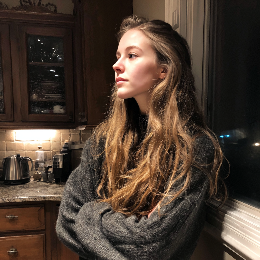 A tired woman standing in a kitchen | Source: Midjourney