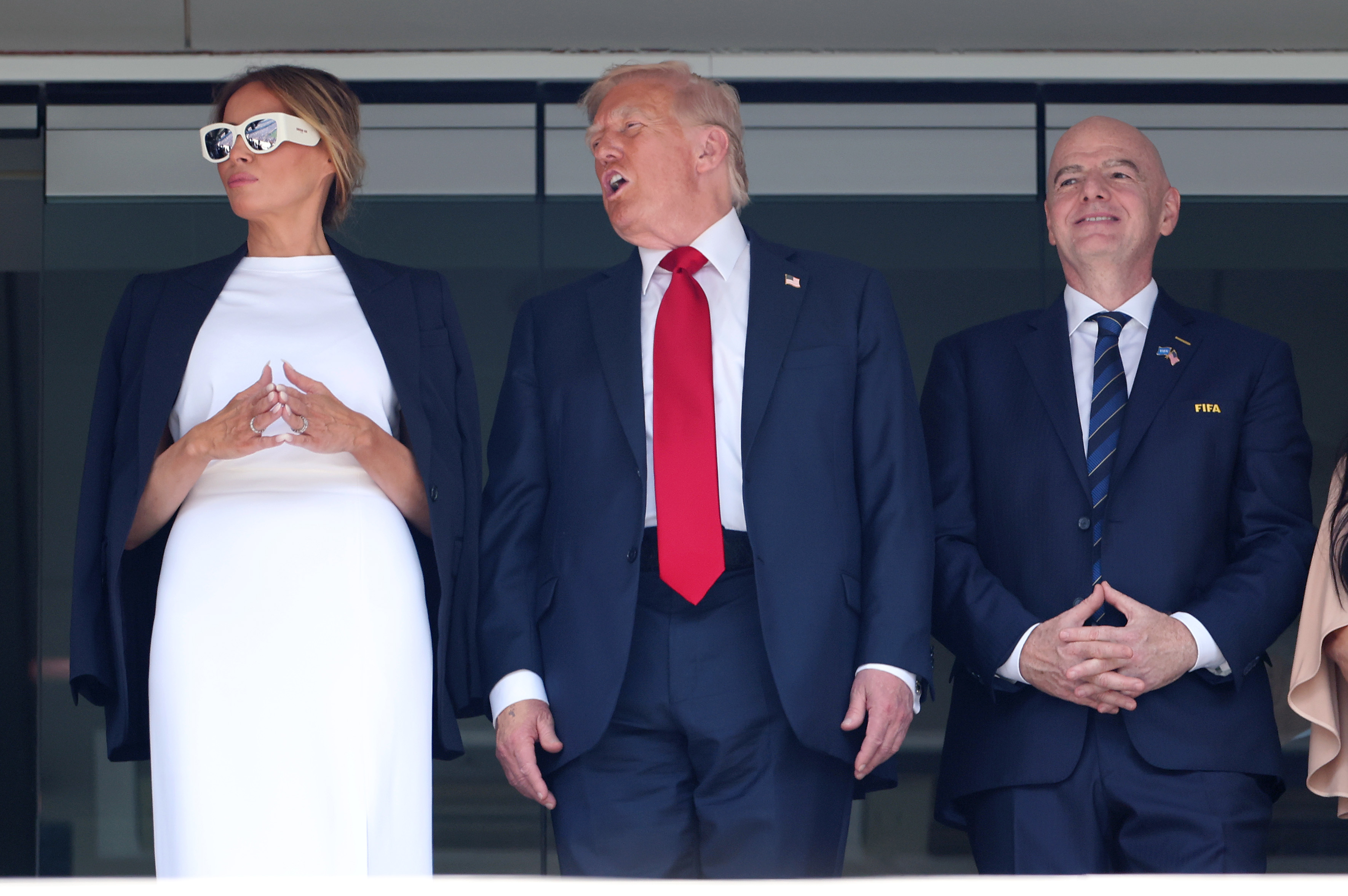 President Donald Trump and First Lady Melania join FIFA President Gianni Infantino while watching the final match of the FIFA Club World Cup on July 13, 2025 | Source: Getty Images