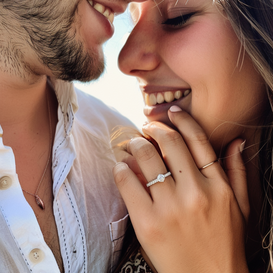 A woman flaunting her engagement ring while hugging her fiancé | Source: Midjourney