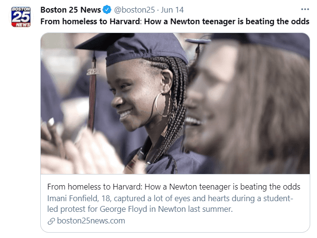 An image on June 14, 2021, of Imani Fonfield and another student during graduation after she was accepted into the Harvard University after being homeless | Photo: Twitter/@boston25