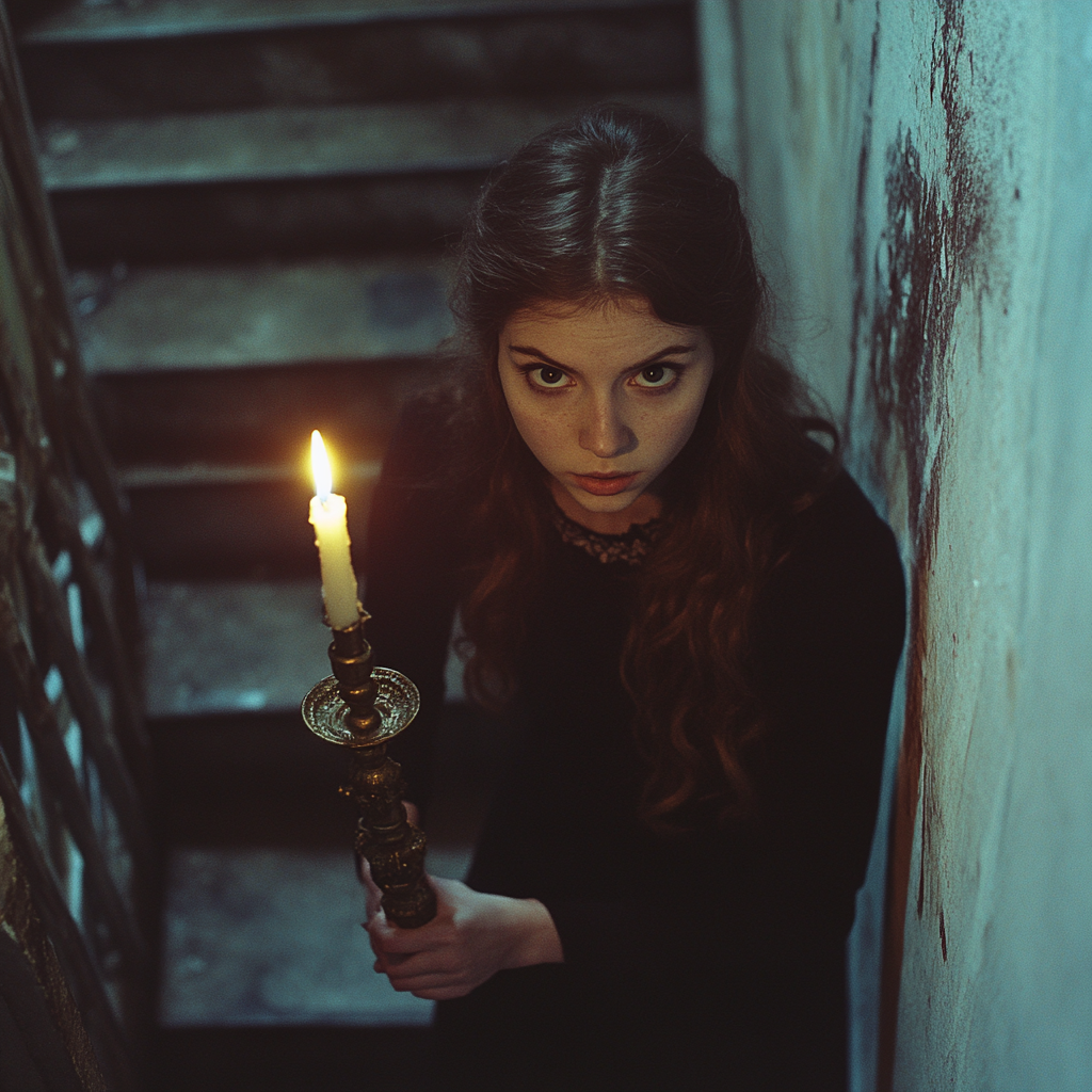 A woman holding a candlestick while going down to the basement | Source: Midjourney