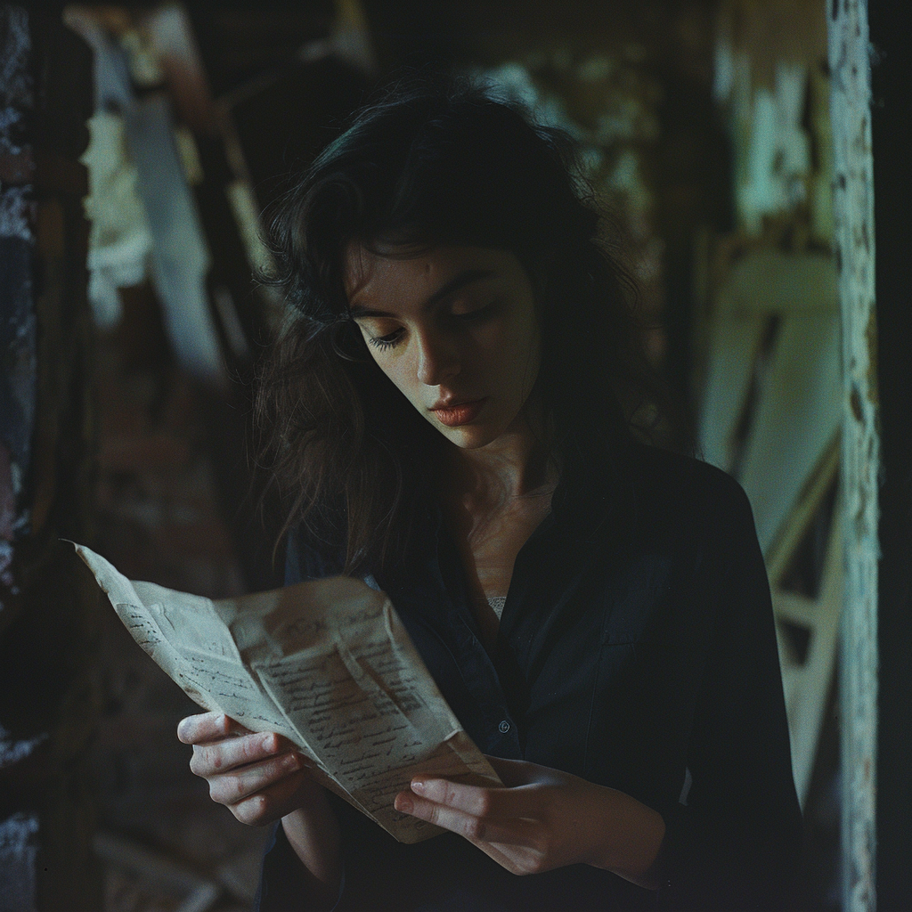A woman is reading a love letter in the cellar | Source: Midjourney