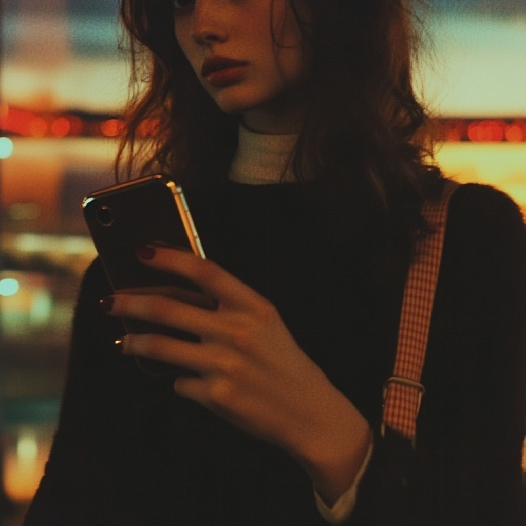 A woman holding her phone in an airport | Source: Midjourney