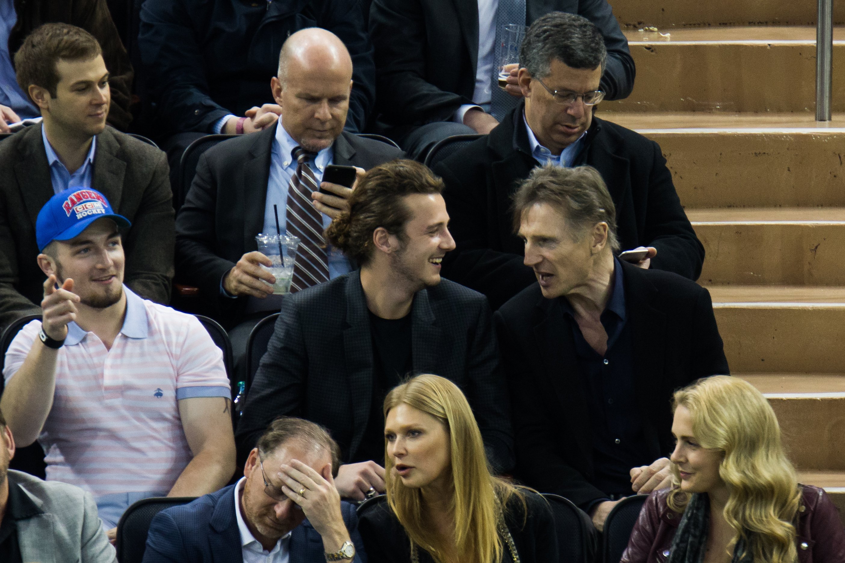 Liam Neeson and his sons, Daniel Neeson and Micheal Neeson, attending New York Rangers Vs. Boston Bruins game at Madison Square Garden on March 23, 2016 in New York City. / Source: Getty Images
