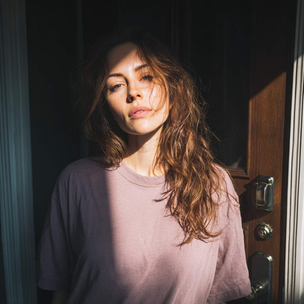 A woman wearing a lilac t-shirt and standing in a doorway | Source: Midjourney