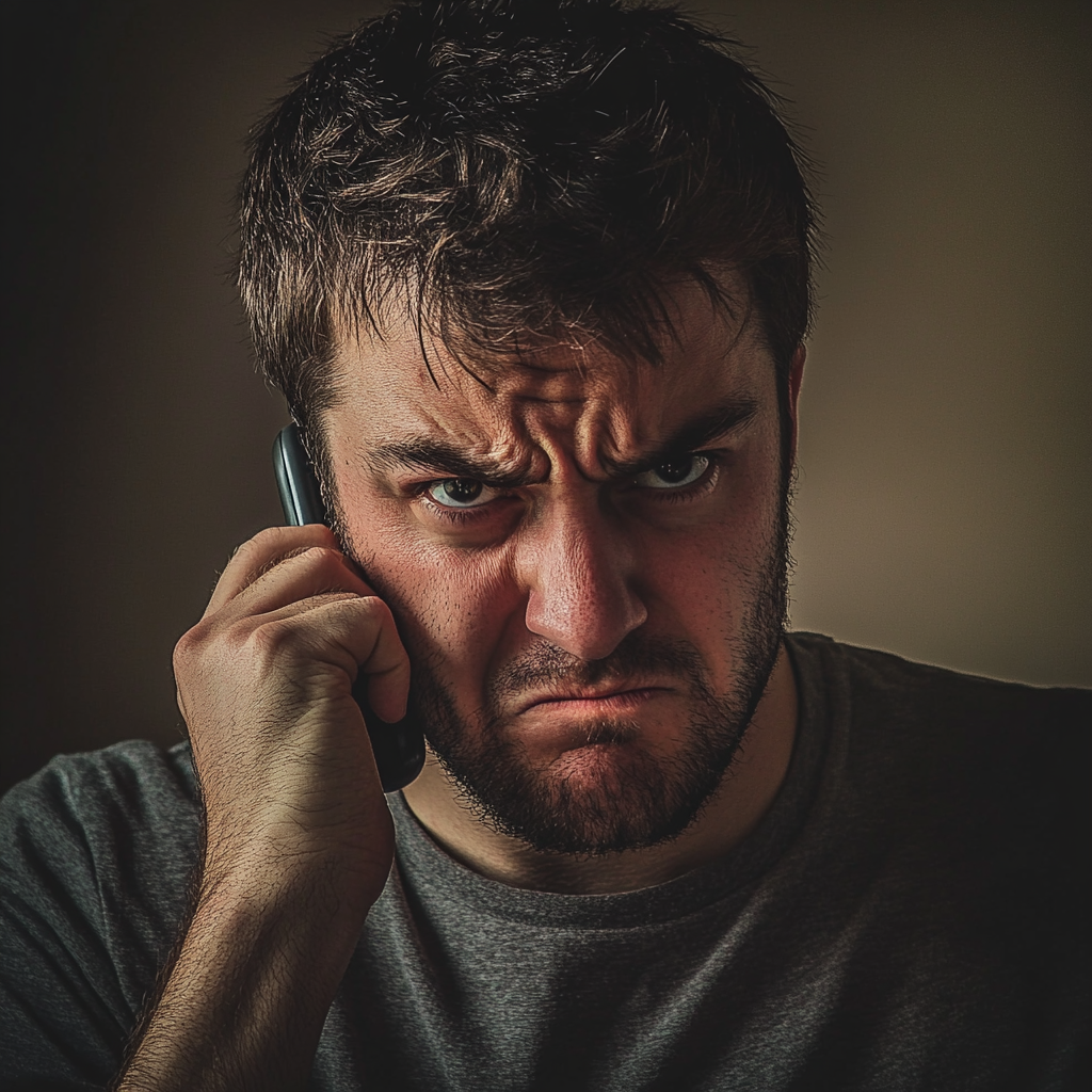 An upset man talking on the phone | Source: Midjourney