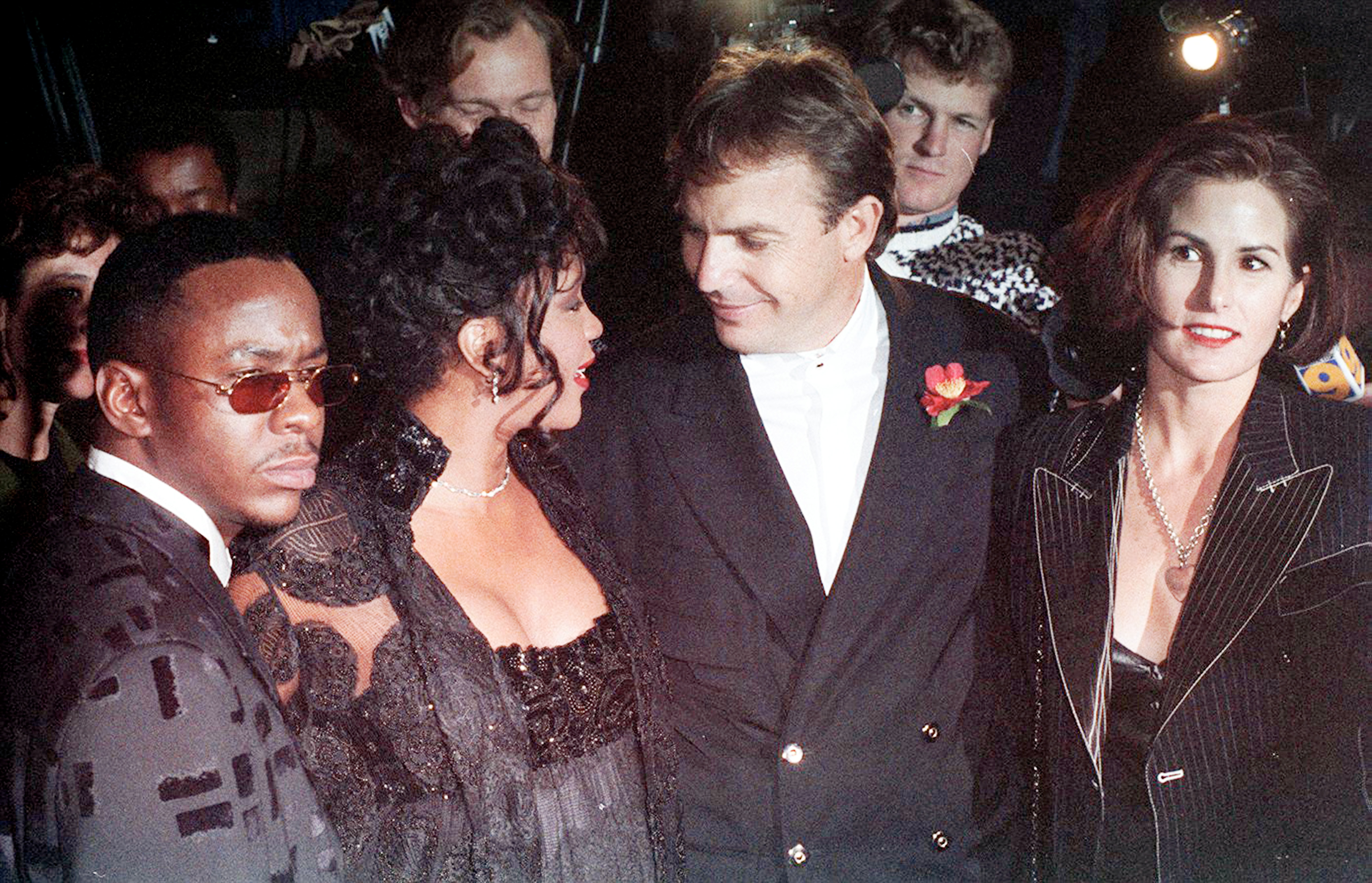 Bobby Brown, Whitney Houston, Kevin Costner, and Cindy Silva at the premiere of "The Bodyguard" in Hollywood, 1992. | Source: Getty Images