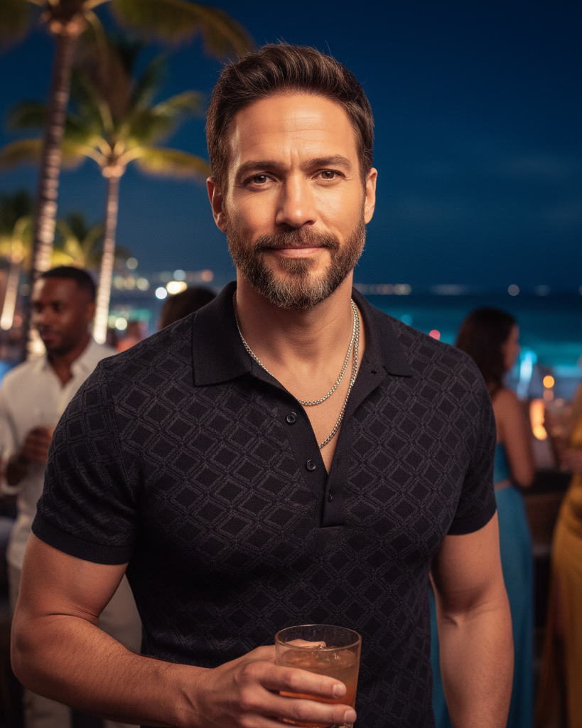 A second AI image captures Lopez in a relaxed, nighttime party setting, dressed in a fitted black polo that highlights a strong build and effortlessly cool demeanor. Holding a drink and flashing a subtle smile, he radiates a laid-back magnetism that still channels Lopez’s star power — only with masculine swagger. | Source: Gemini