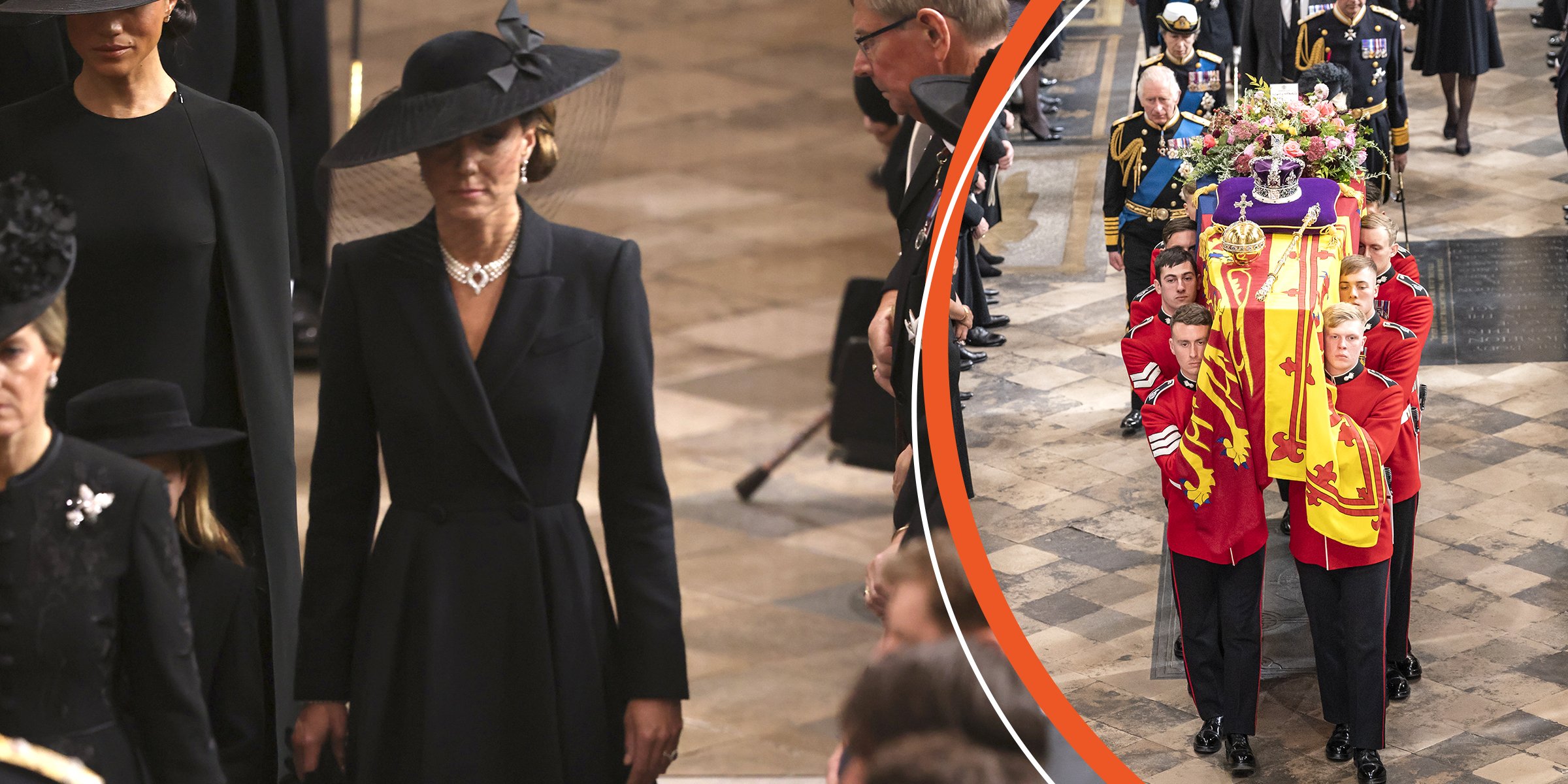 Princess Kate, 2022 | King Charles III and Queen Elizabeth II's coffin, 2022 | Source: Getty Images