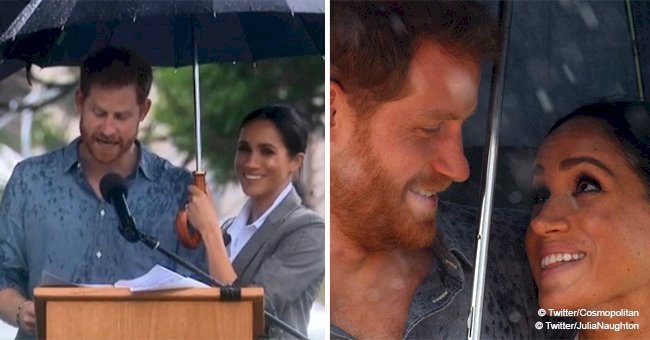 Touching moment Meghan holds an umbrella to shield Harry from torrential rain