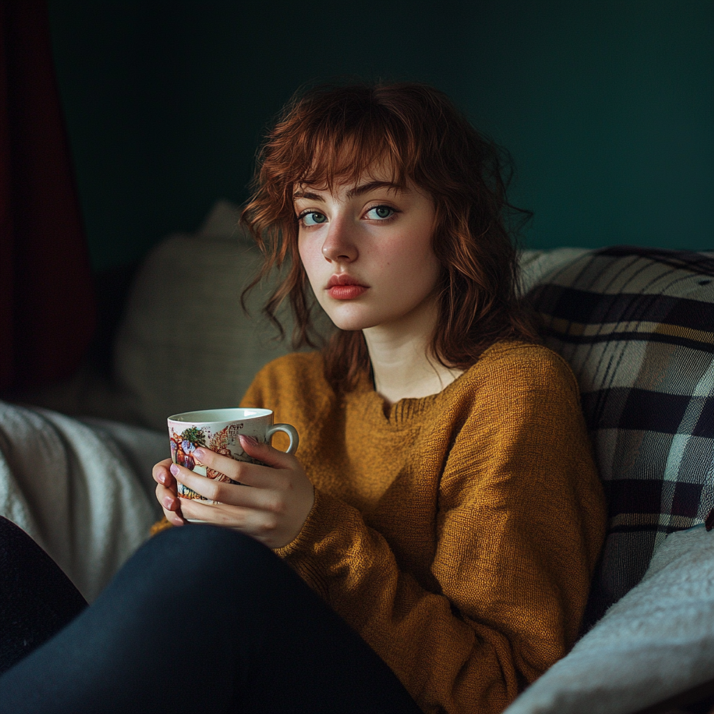 Young lady seated on a couch | Source: Midjourney