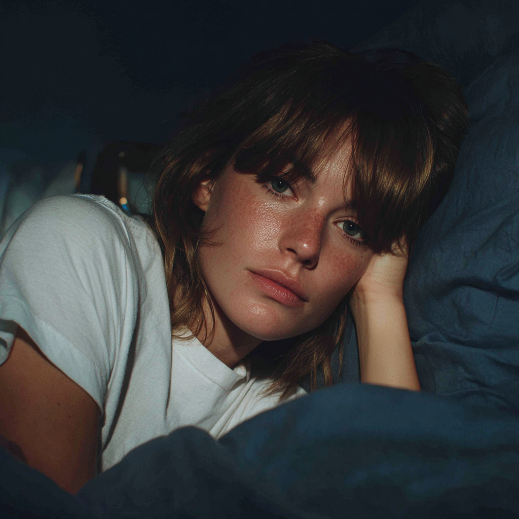 An emotional woman resting in her bed | Source: Midjourney