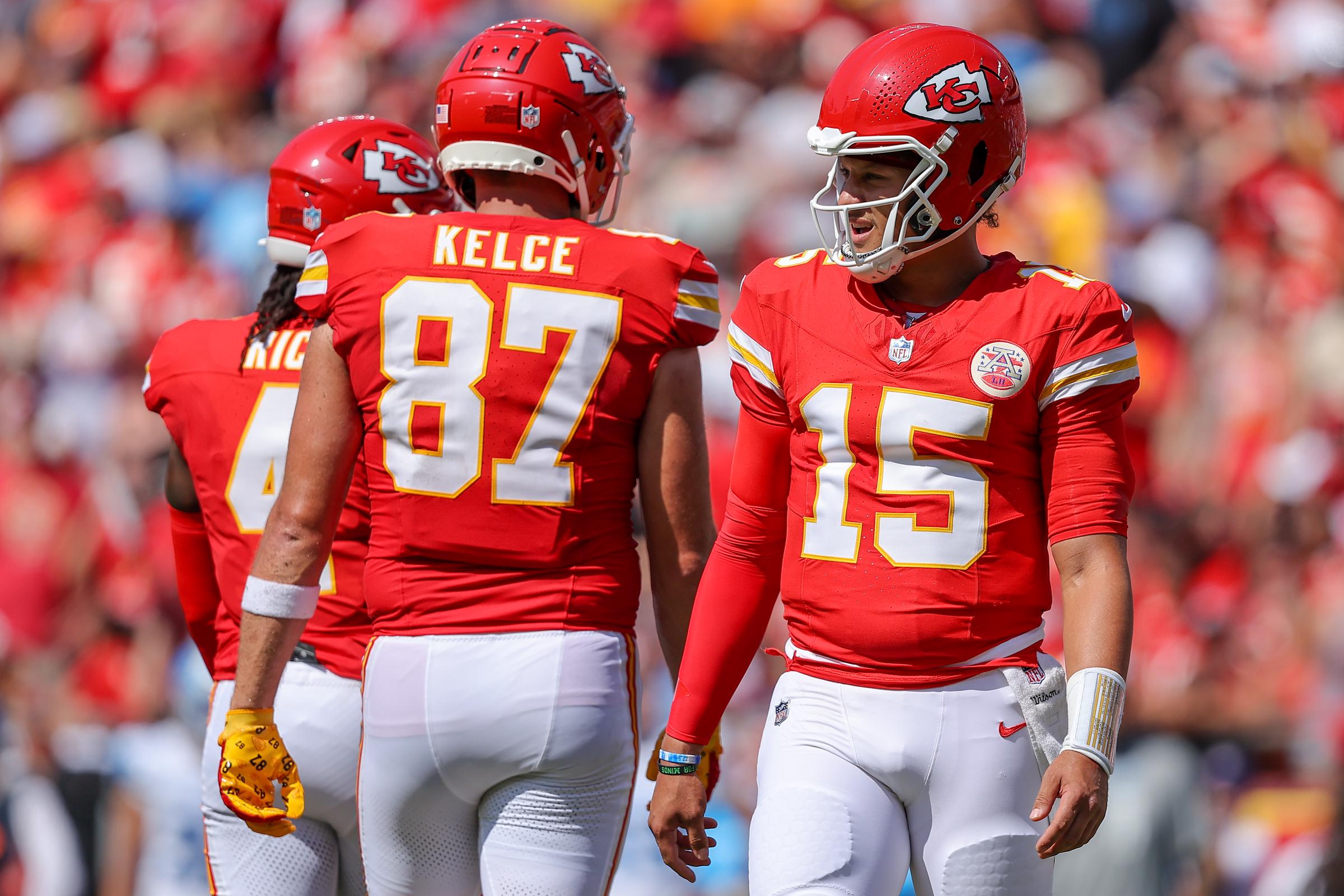 Travis Kelce #87 and Patrick Mahomes #15 of the Kansas City Chiefs on August 17, 2024 | Source: Getty Images