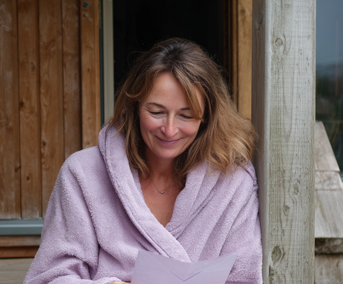 A woman sitting on a porch and reading a letter | Source: Midjourney