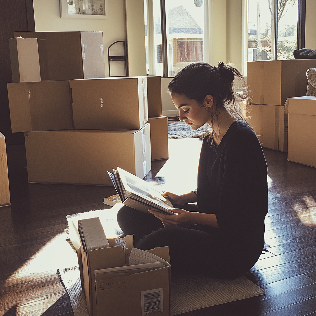 A woman sitting on the floor looking through an album | Source: Midjourney