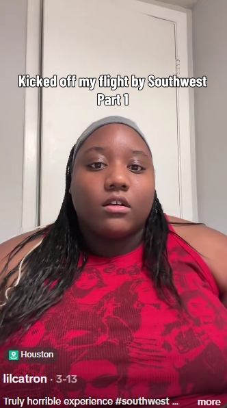 Keirstyn Catron recounting the moment Southwest Airlines staff confronted her at the departure gate, in a TikTok posted on 13 March 2026. | Source: TikTok/@lilcatron