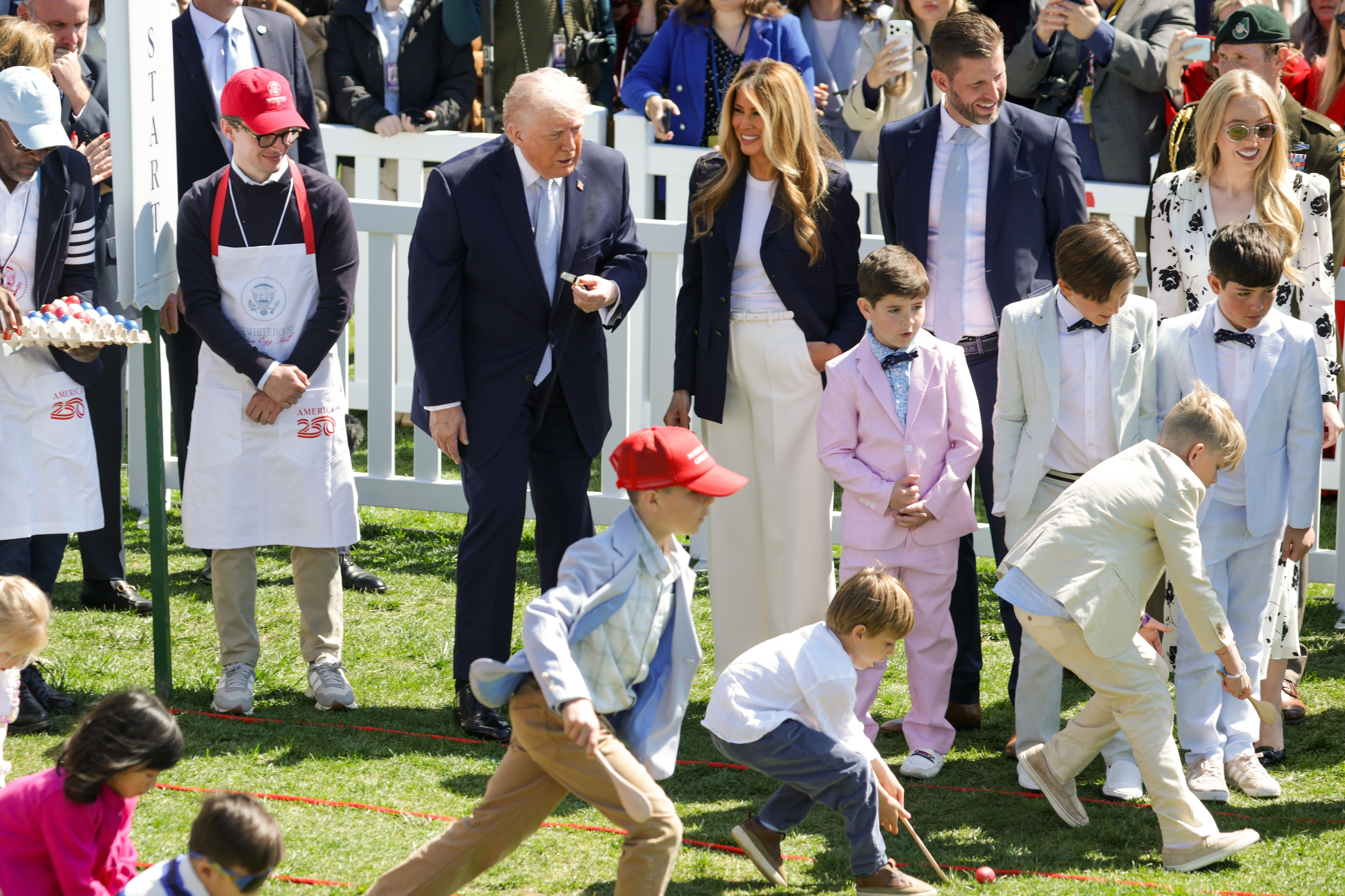 Donald, Melania, Eric, and Tiffany Trump watch a race during the White House Easter Egg Roll on the South Lawn of the White House on April 6, 2026 in Washington, DC | Source: Getty Images