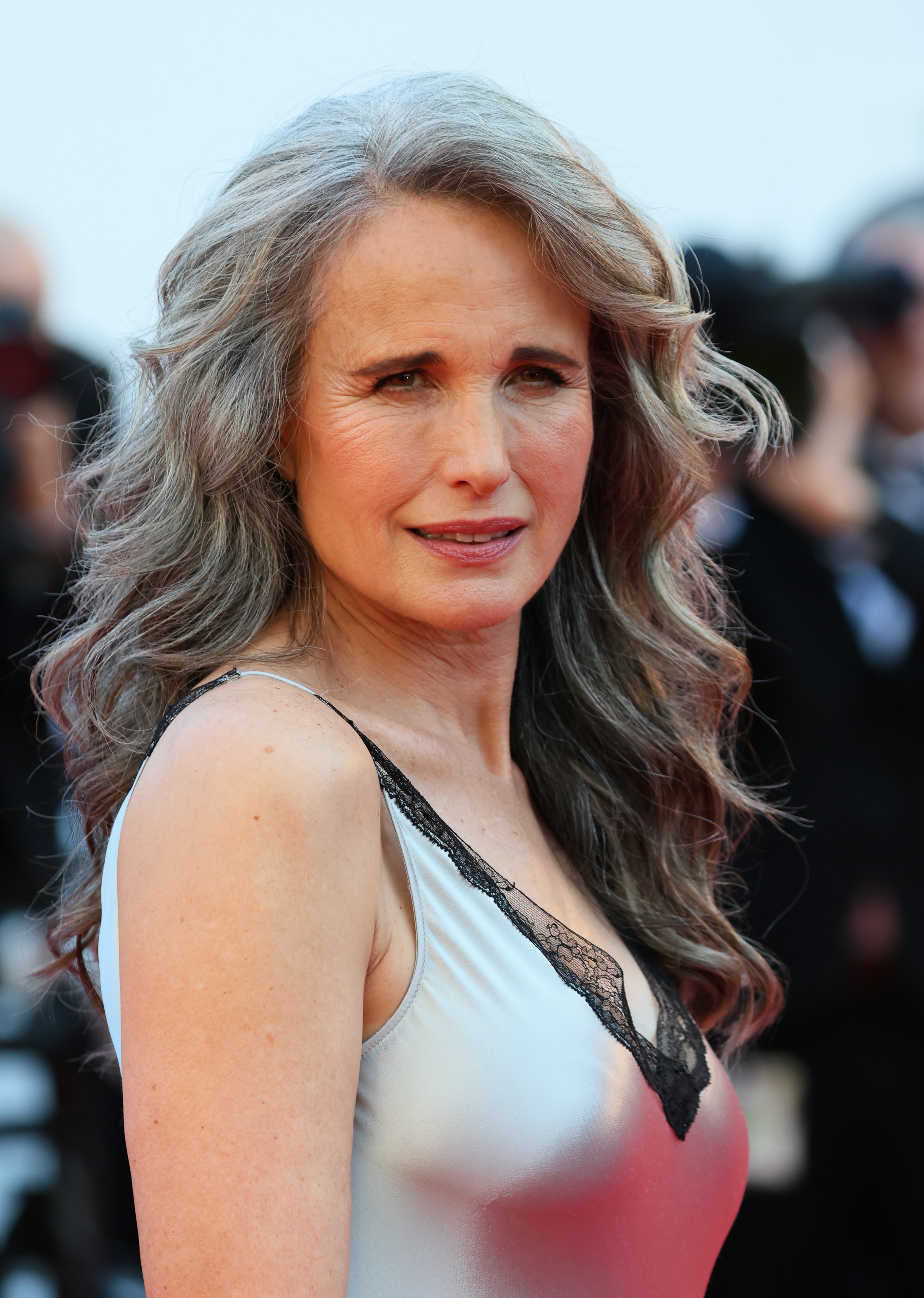 A close-up shows Andie MacDowell offering a subtle, poised expression on the red carpet at Cannes. Her signature silver gown with lace detailing shimmers beneath the festival lights.