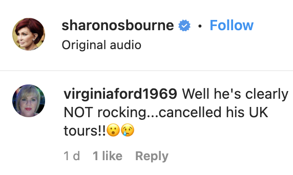 A comment left under Sharon Osbourne's March 2023 Instagram post | Source: instagram.com/sharonosbourne/