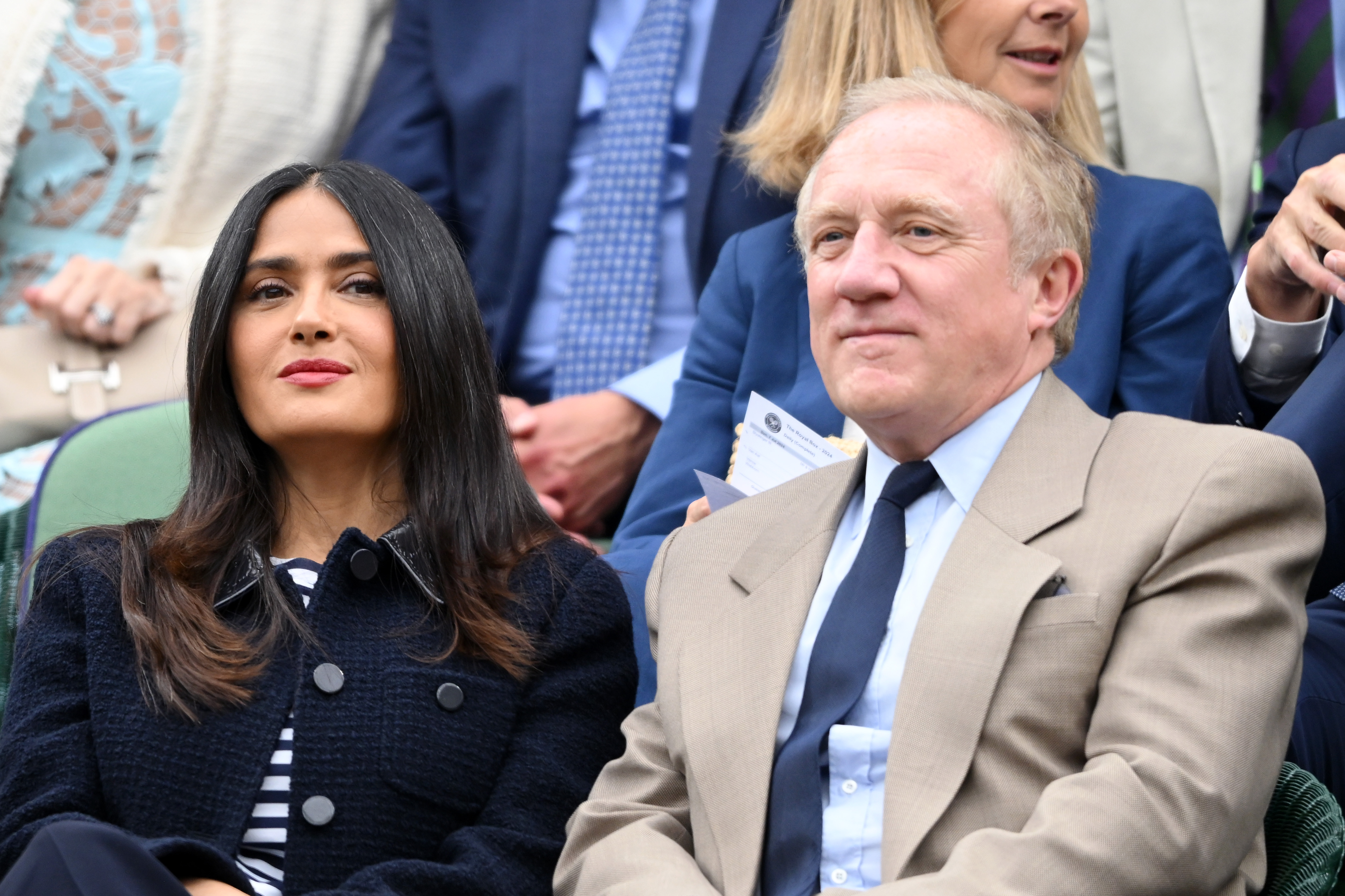 Salma Hayek and François-Henri Pinault watch day seven of Wimbledon at the All England Club in London on July 7, 2024 | Source: Getty Images