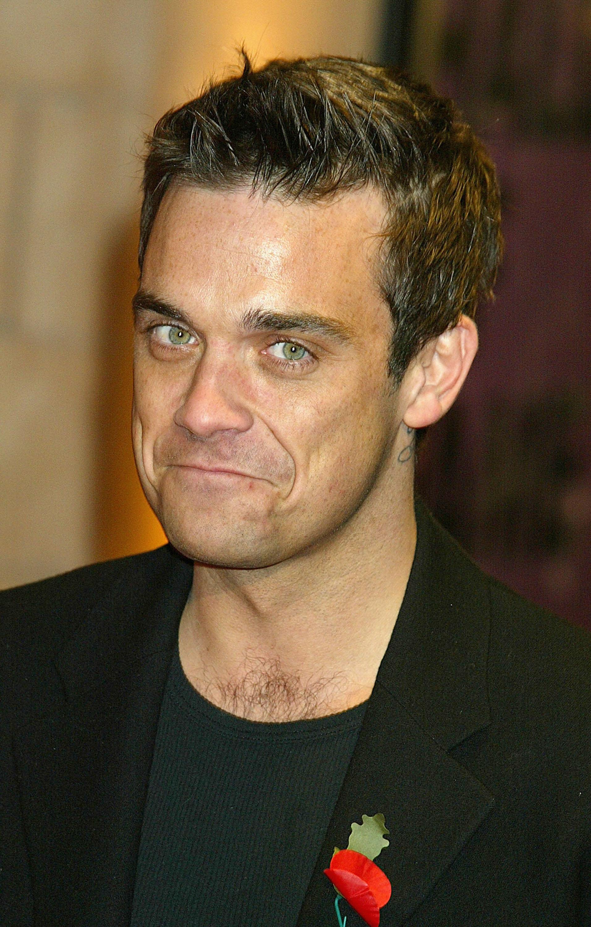 Robbie Williams attended the final of "UK Music Hall of Fame" on November 11, 2004, in London. Wearing a black blazer and poppy pin, he flashed a knowing smile — a nod to both his charisma and status as one of Britain's most enduring pop icons.