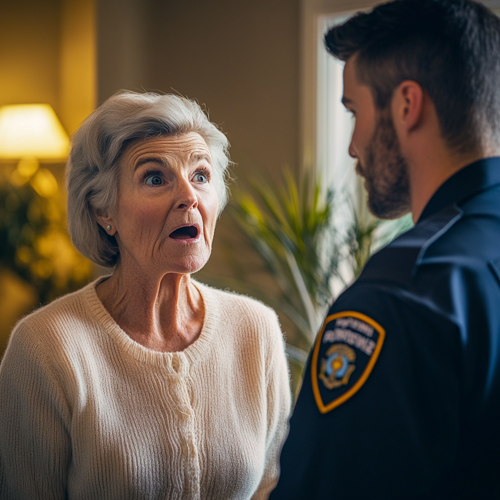 An elderly woman looks surprised while talking to a police officer | Source: Midjourney