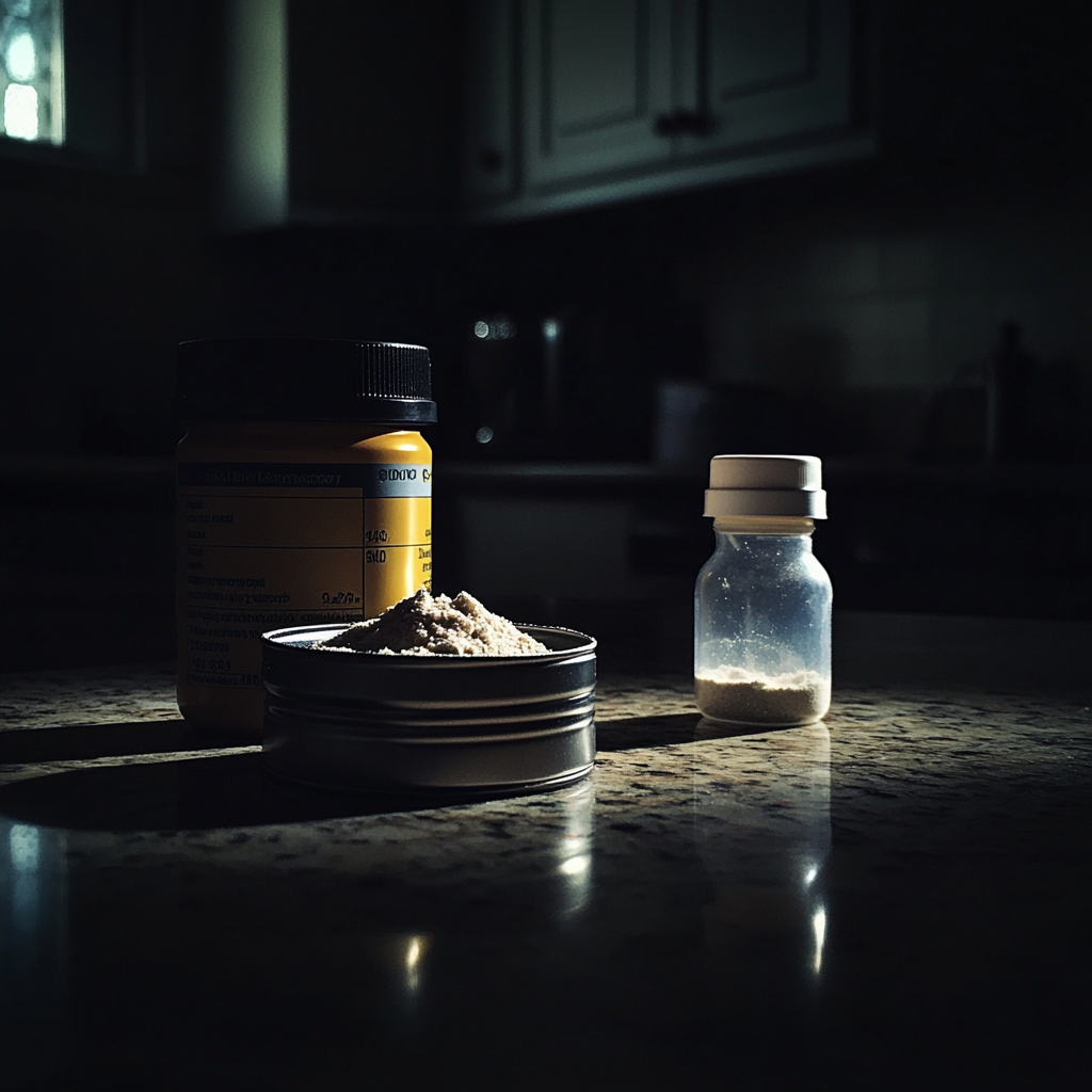 A container of protein powder next to a baby's bottle | Source: Midjourney