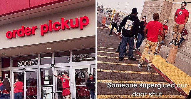 Target workers standing outside of the store after someone superglued it shut. | Source: tiktok.com/mikaelaaa_j