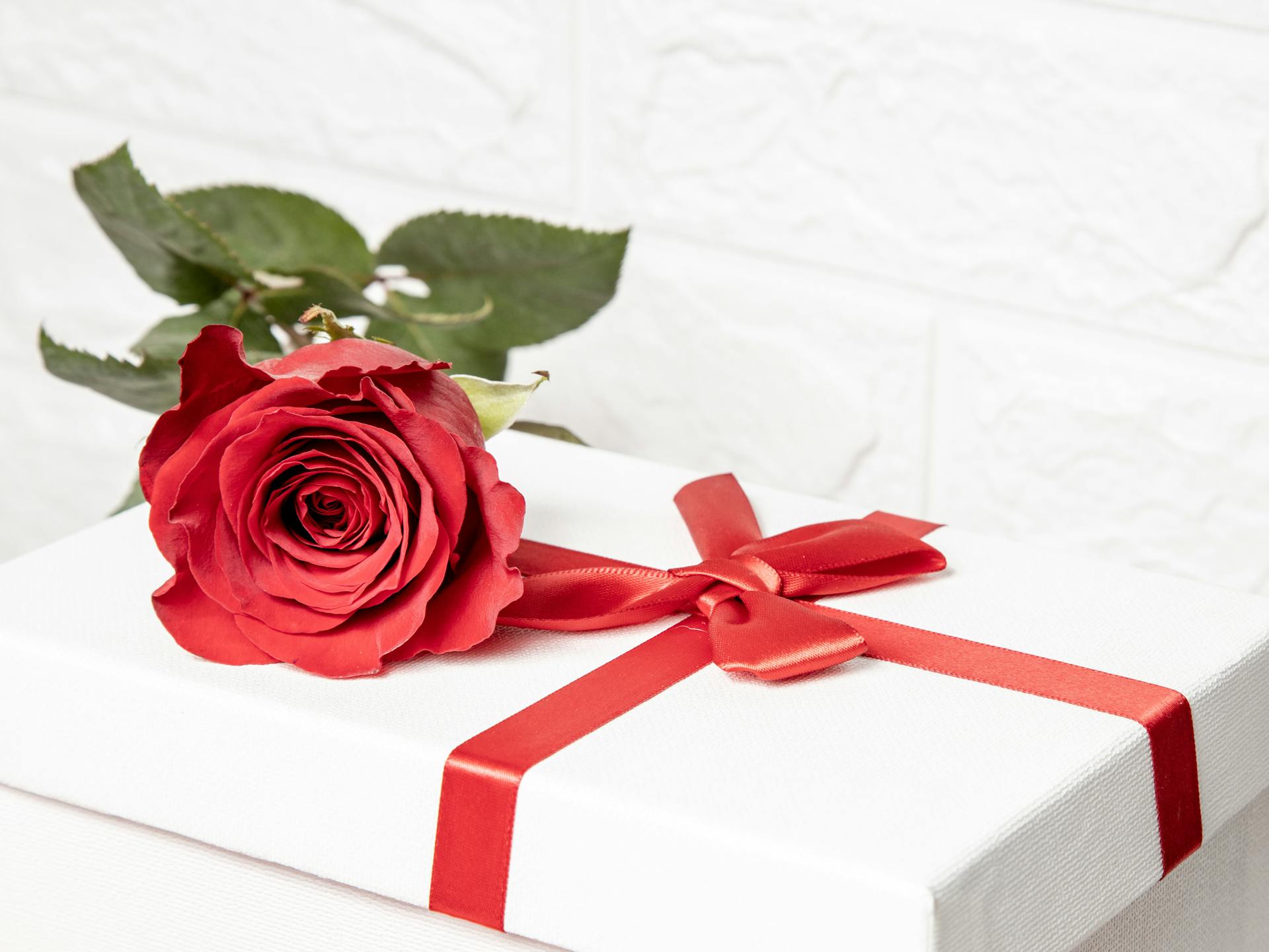 A red rose lying on a white gift box tied with a red ribbon | Source: Pexels