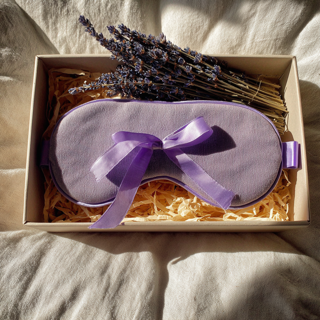 A lilac eye pillow in a box | Source: Midjourney