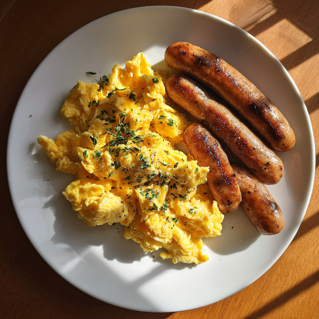 A plate of scrambled eggs and sausages | Source: Midjourney