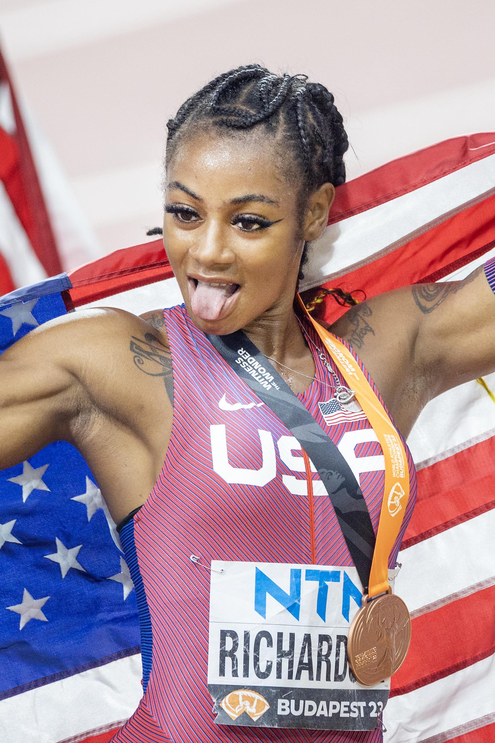 Sha'Carri Richardson after her bronze medal win in the Women's 200m Final during the World Athletics Championships on August 25, 2023, in Budapest, Hungary. | Source: Getty Images