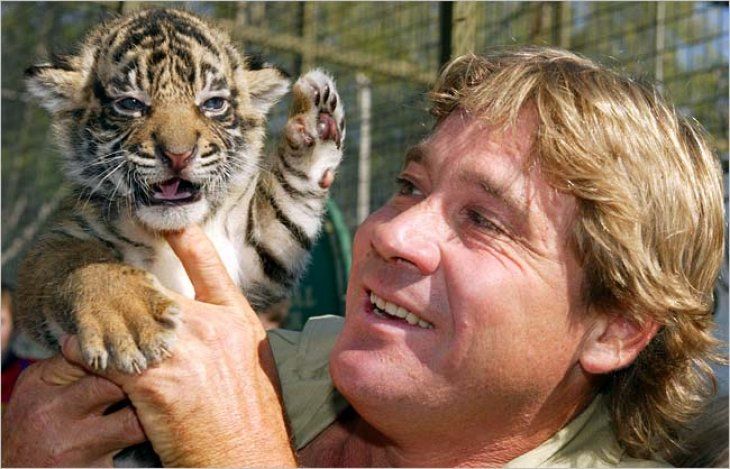 Conservationist Steve Irwin with a new-born Bengal tiger cub | Source: Flickr