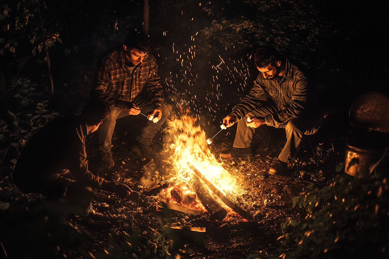 Men around a bonfire roasting marshmallows | Source: Midjourney