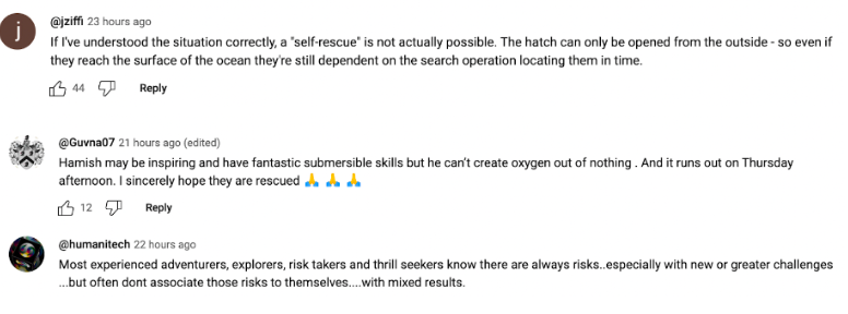 A screenshot of comments about the likelihood of a rescue posted on YouTube on June 20, 2023 | Source: YouTube.com/GBNews