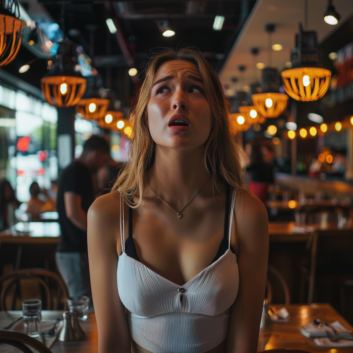 A woman standing in a restaurant feeling sad and remorseful | Source: Midjourney