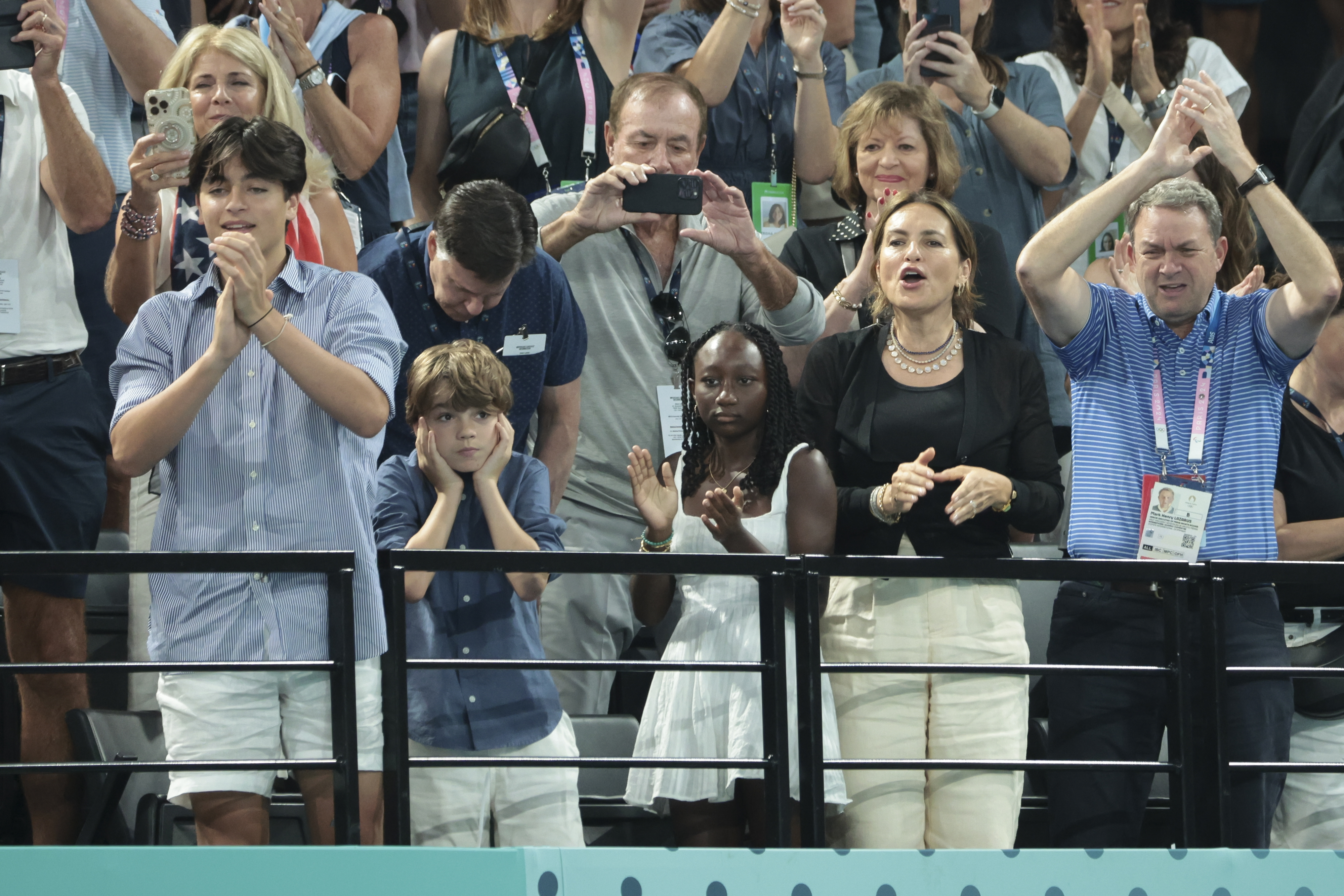 Mariska Hargitay with her sons August and Andrew Hermann and her daughter Amaya Hermann at the 2024 Olympic Games at Bercy Arena on August 1, 2024, in Paris, France | Source: Getty Images