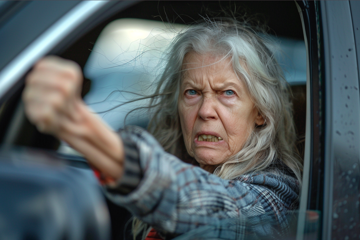 An angry woman leaning out her car window | Source: Midjourney